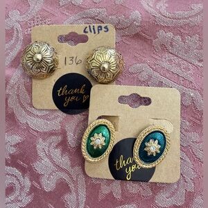 Gold-Trim Oval Clip-On Earrings with Green Center and Floral Motif
